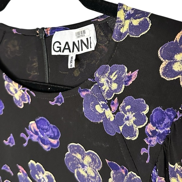 GANNI Georgette Floral Print Balloon Sleeve Mini Shift Dress Size 36/4 - Picture 7 of 10